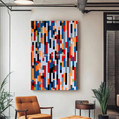 A vibrant abstract wall art print composition of colourful vertical rectangles with the text "Break the Pattern" in white, representing individuality and change.