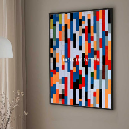 A vibrant abstract wall art print composition of colourful vertical rectangles with the text "Break the Pattern" in white, representing individuality and change.