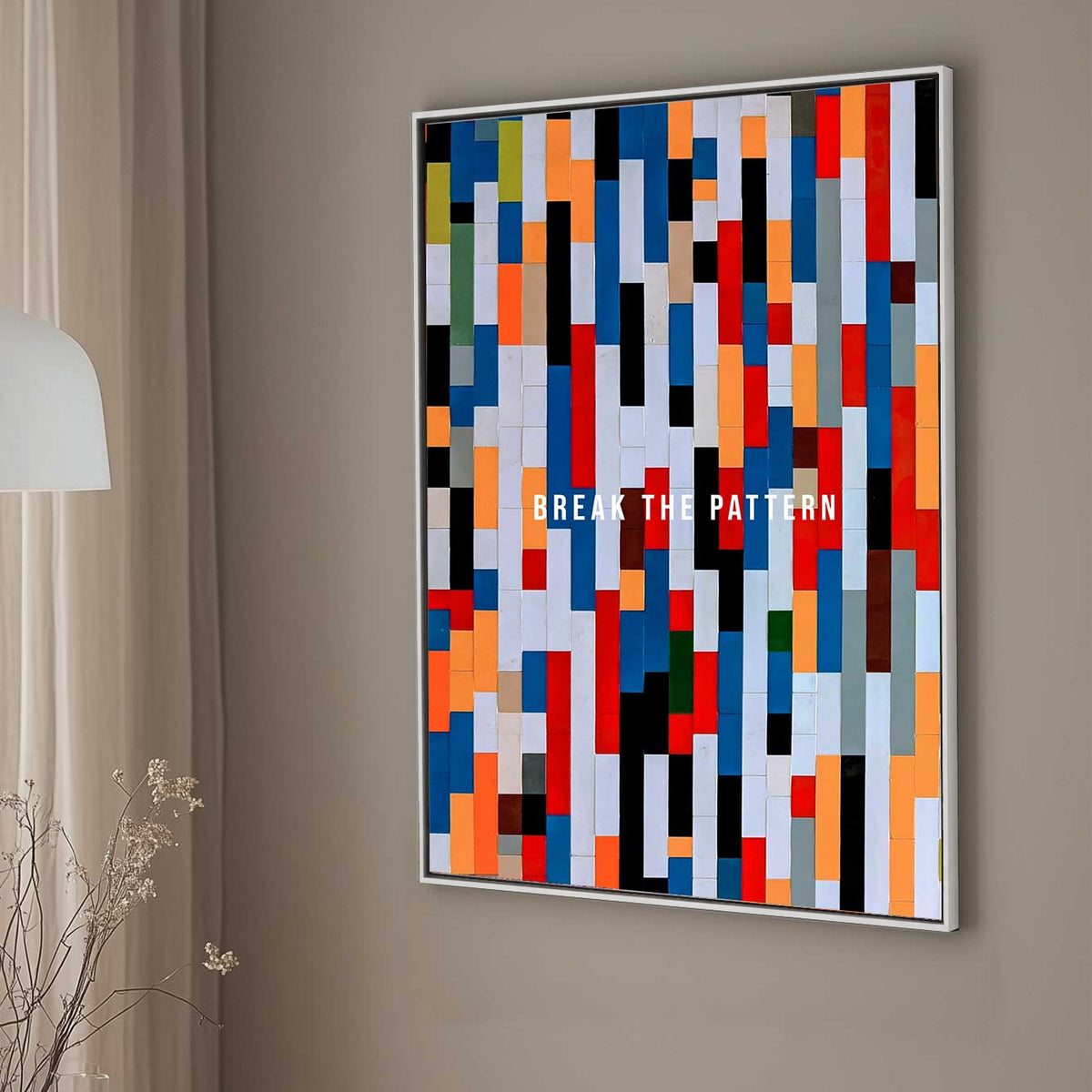 A vibrant abstract wall art print composition of colourful vertical rectangles with the text "Break the Pattern" in white, representing individuality and change.