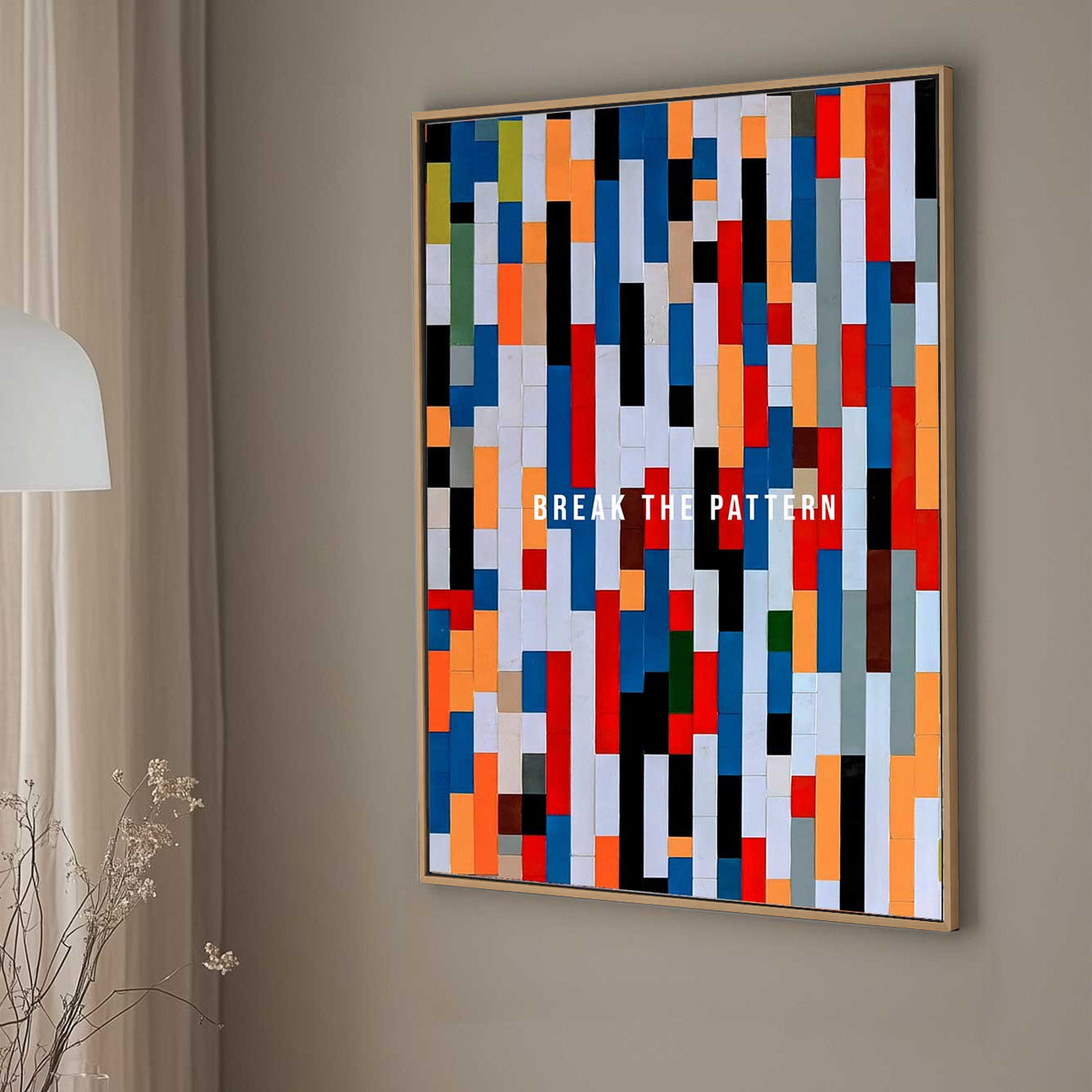 A vibrant abstract wall art print composition of colourful vertical rectangles with the text "Break the Pattern" in white, representing individuality and change.