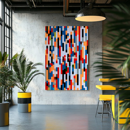 A vibrant abstract wall art print composition of colourful vertical rectangles with the text "Break the Pattern" in white, representing individuality and change.