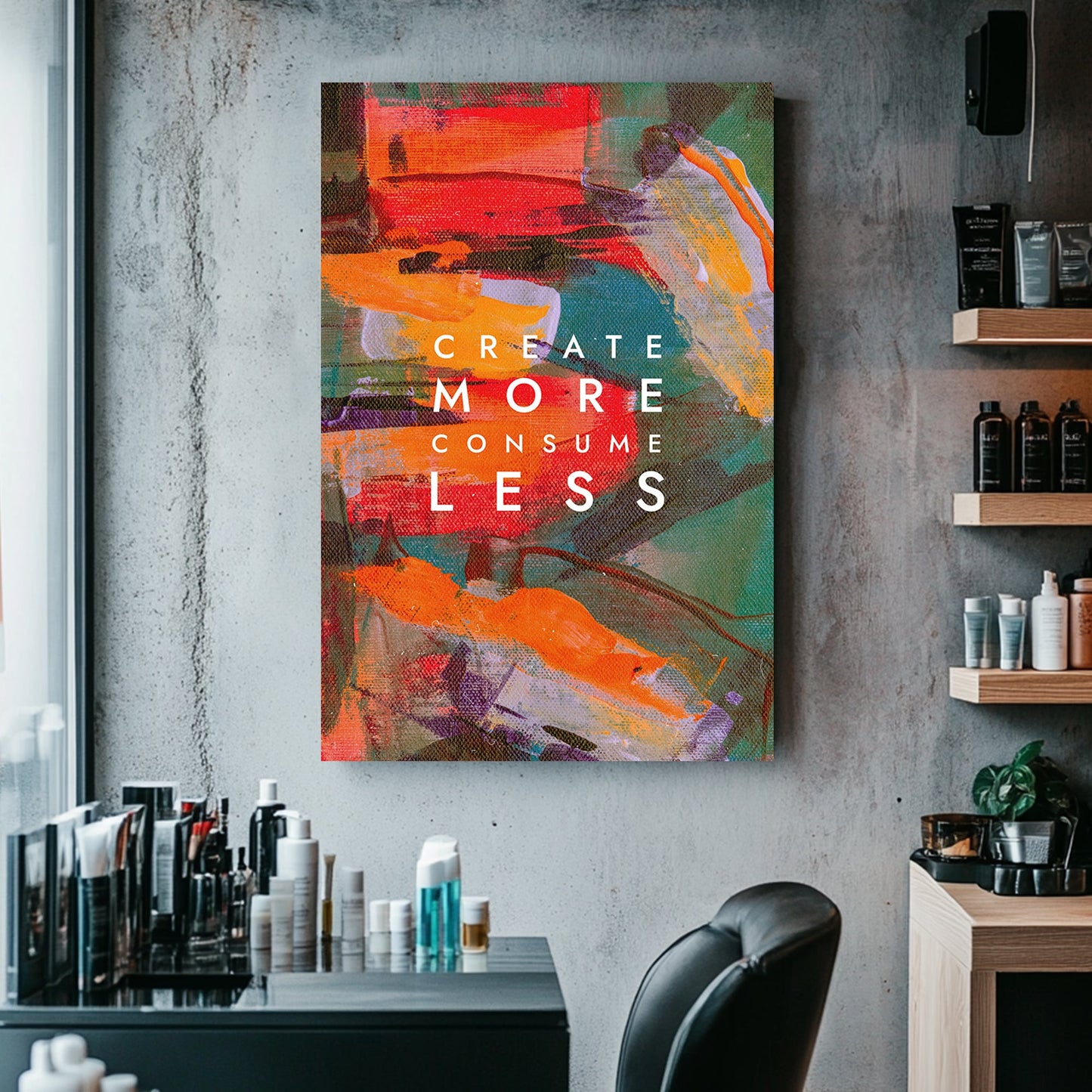 A colourful abstract canvas wall art print with bold strokes of orange, red, and green, overlaid with the motivational text "Create More Consume Less."