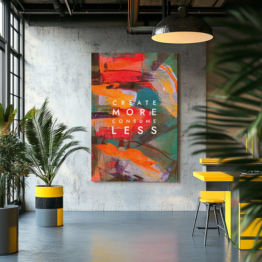 A colourful abstract canvas wall art print with bold strokes of orange, red, and green, overlaid with the motivational text "Create More Consume Less."