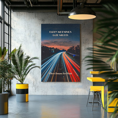 A motivational wall art print of a highway at dawn with streaking headlights and taillights, set against a vibrant sky transitioning from night to day, symbolizing hustle and determination.