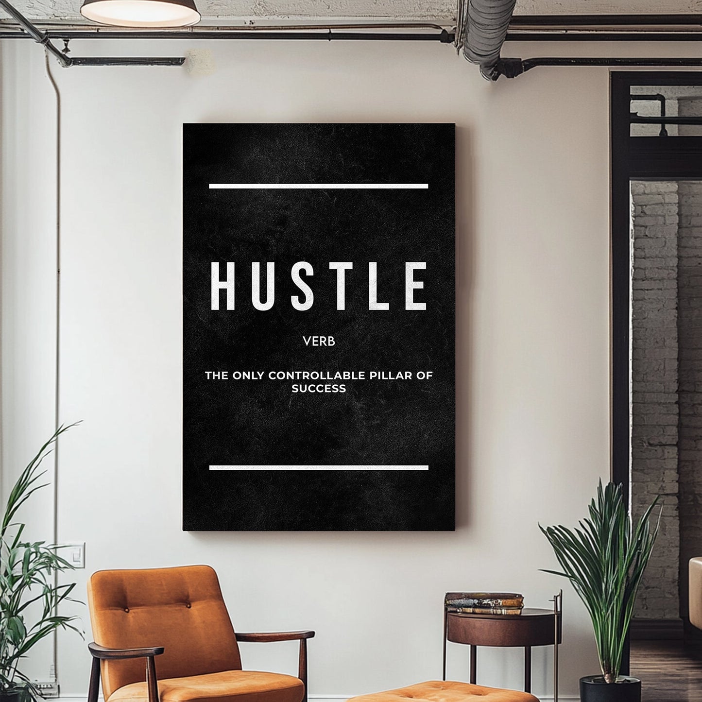 A minimalist black-and-white motivational art piece defining "hustle" as "The only controllable pillar of success" with bold text on a textured black background.