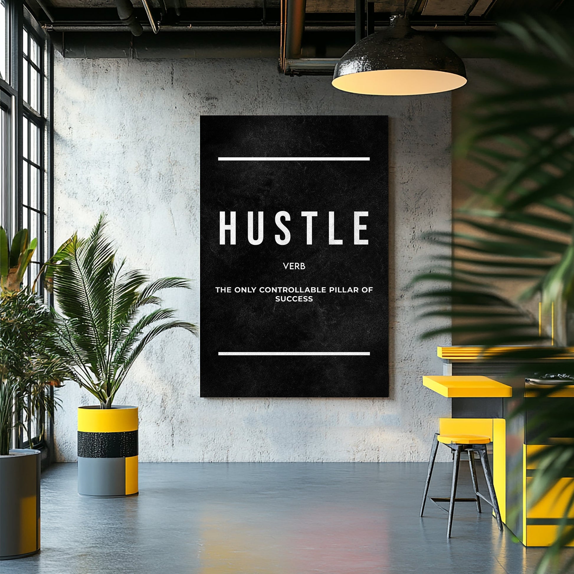 A minimalist black-and-white motivational art piece defining "hustle" as "The only controllable pillar of success" with bold text on a textured black background.