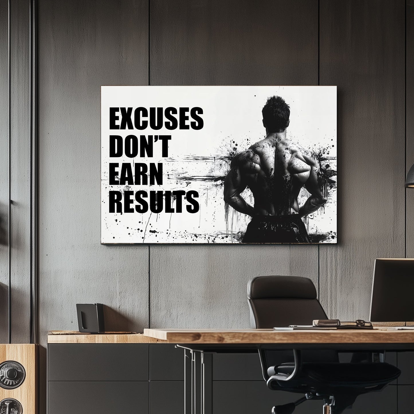 A black-and-white wall art print of a bodybuilder’s back with bold text reading "Excuses Don’t Earn Results," surrounded by ink splatter for a dramatic effect.