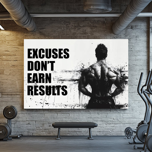 A black-and-white wall art print of a bodybuilder’s back with bold text reading "Excuses Don’t Earn Results," surrounded by ink splatter for a dramatic effect.