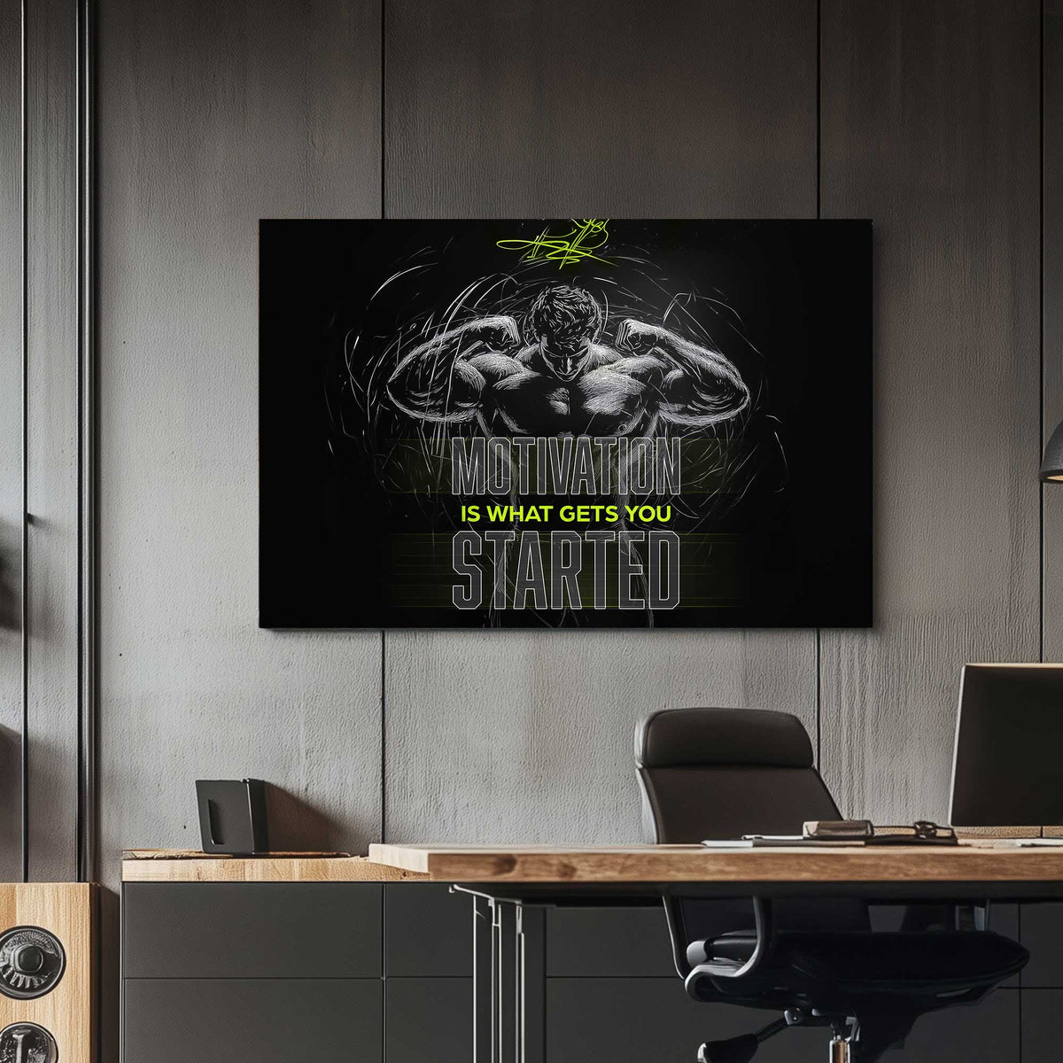 Black-and-white metal print of a muscular figure flexing, surrounded by energetic line strokes, with the text "Motivation Is What Gets You Started."