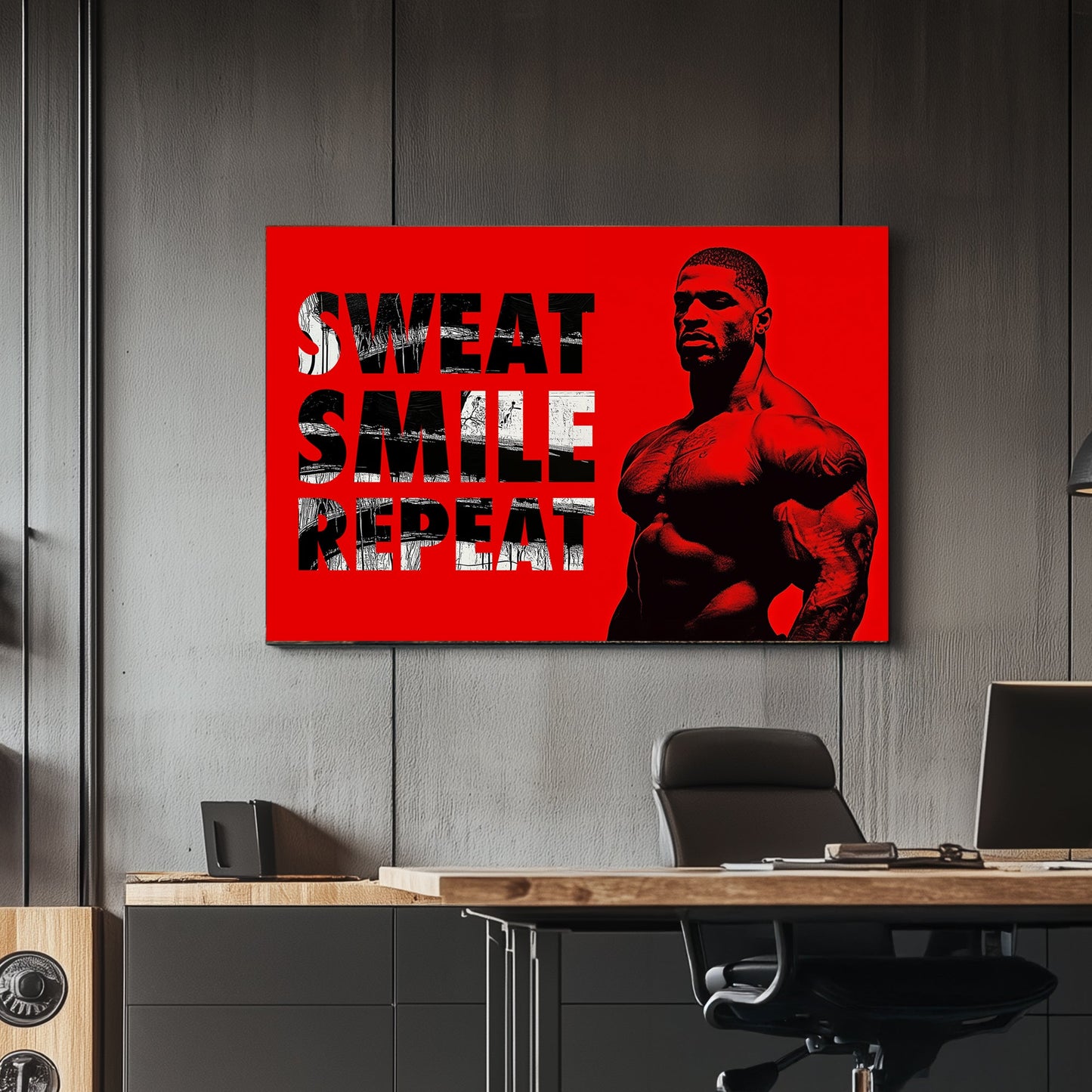 A metal print of a muscular figure on a bright red background with the text "Sweat Smile Repeat" in bold black-and-white typography.