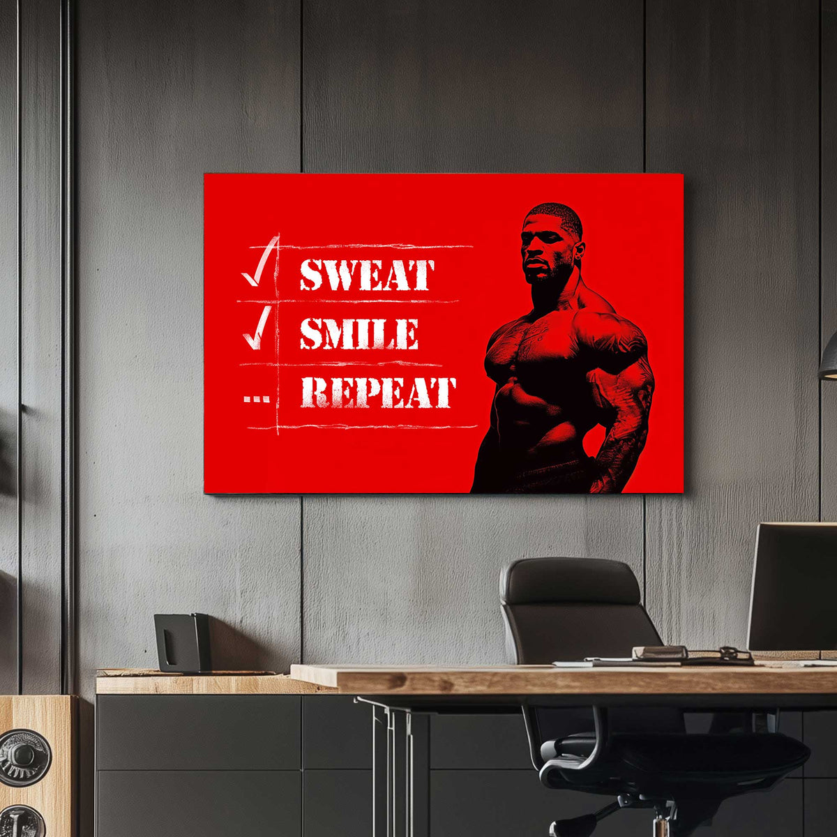 A metal print of a muscular figure on a bright red background with the text "Sweat Smile Repeat" in bold black-and-white typography.