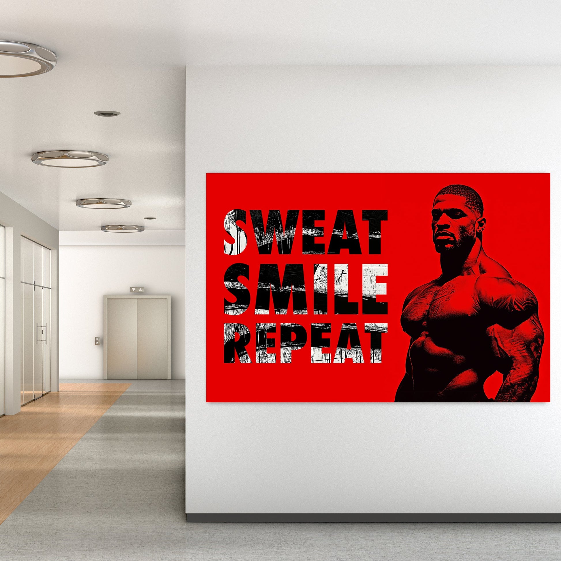 A metal print of a muscular figure on a bright red background with the text "Sweat Smile Repeat" in bold black-and-white typography.