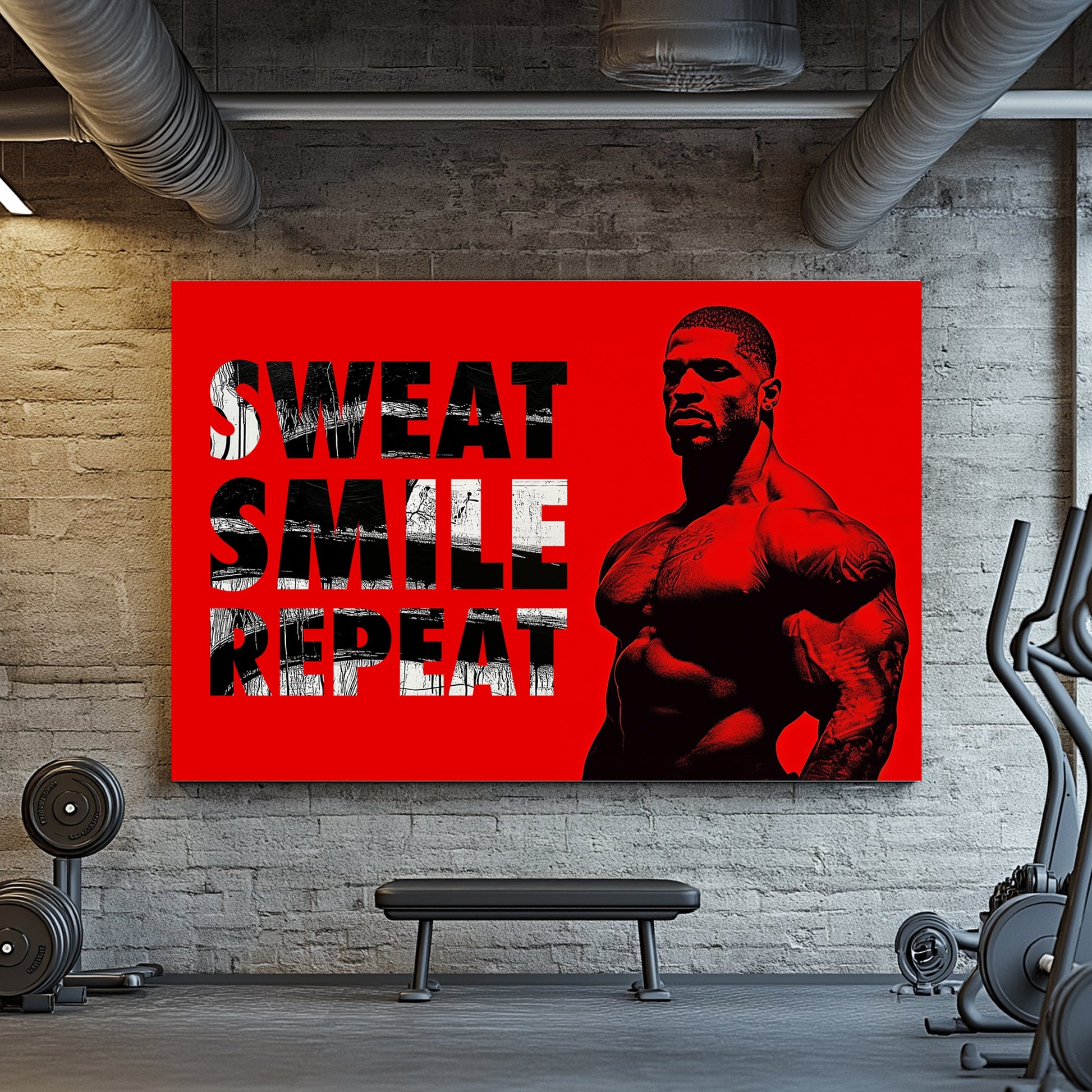 A metal print of a muscular figure on a bright red background with the text "Sweat Smile Repeat" in bold black-and-white typography.