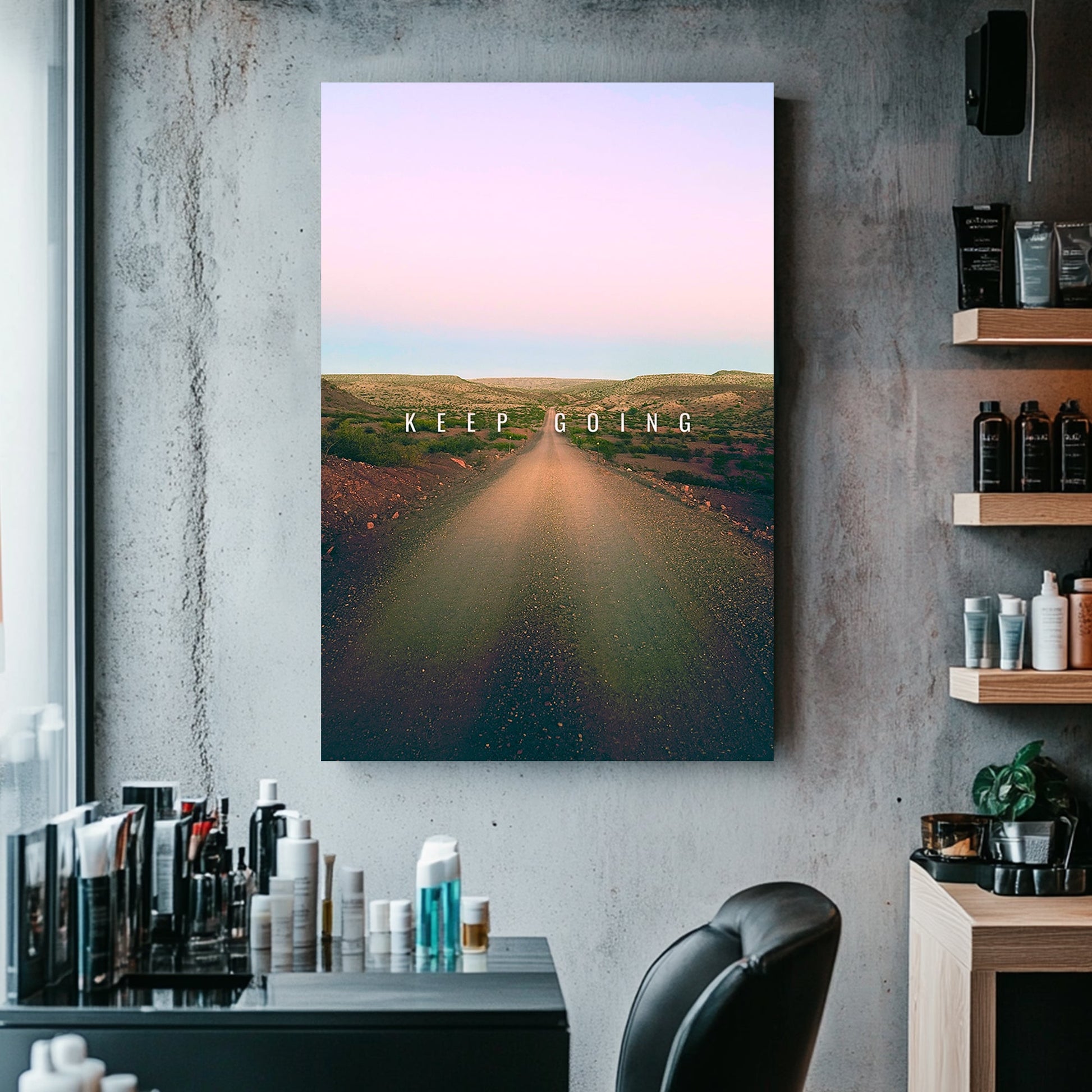 A metal wall art print of a peaceful dirt road stretches into the horizon under a gradient pastel sky, featuring the motivational text "Keep Going."