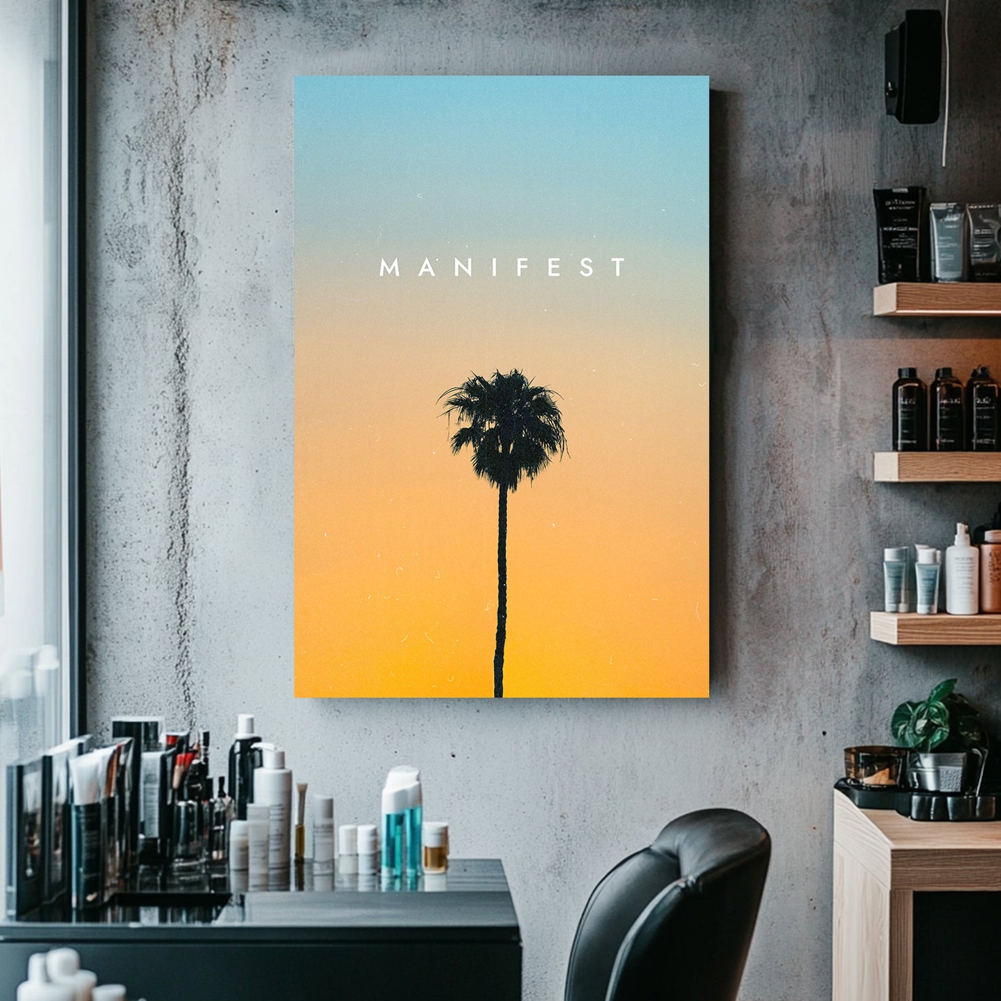 A metal print of a single palm tree silhouetted against a sunset gradient sky of orange and blue, evoking serenity and inspiration.