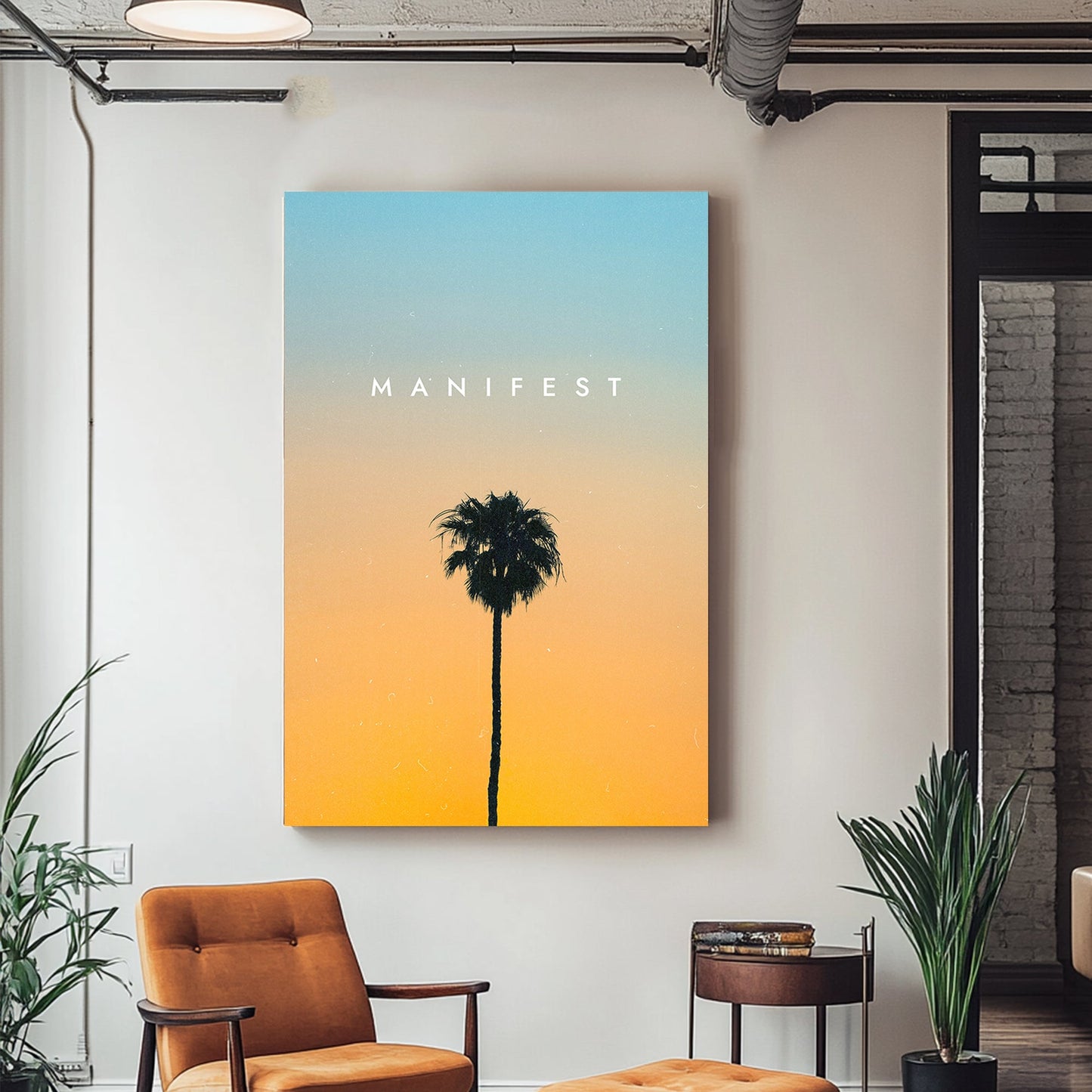 A metal print of a single palm tree silhouetted against a sunset gradient sky of orange and blue, evoking serenity and inspiration.