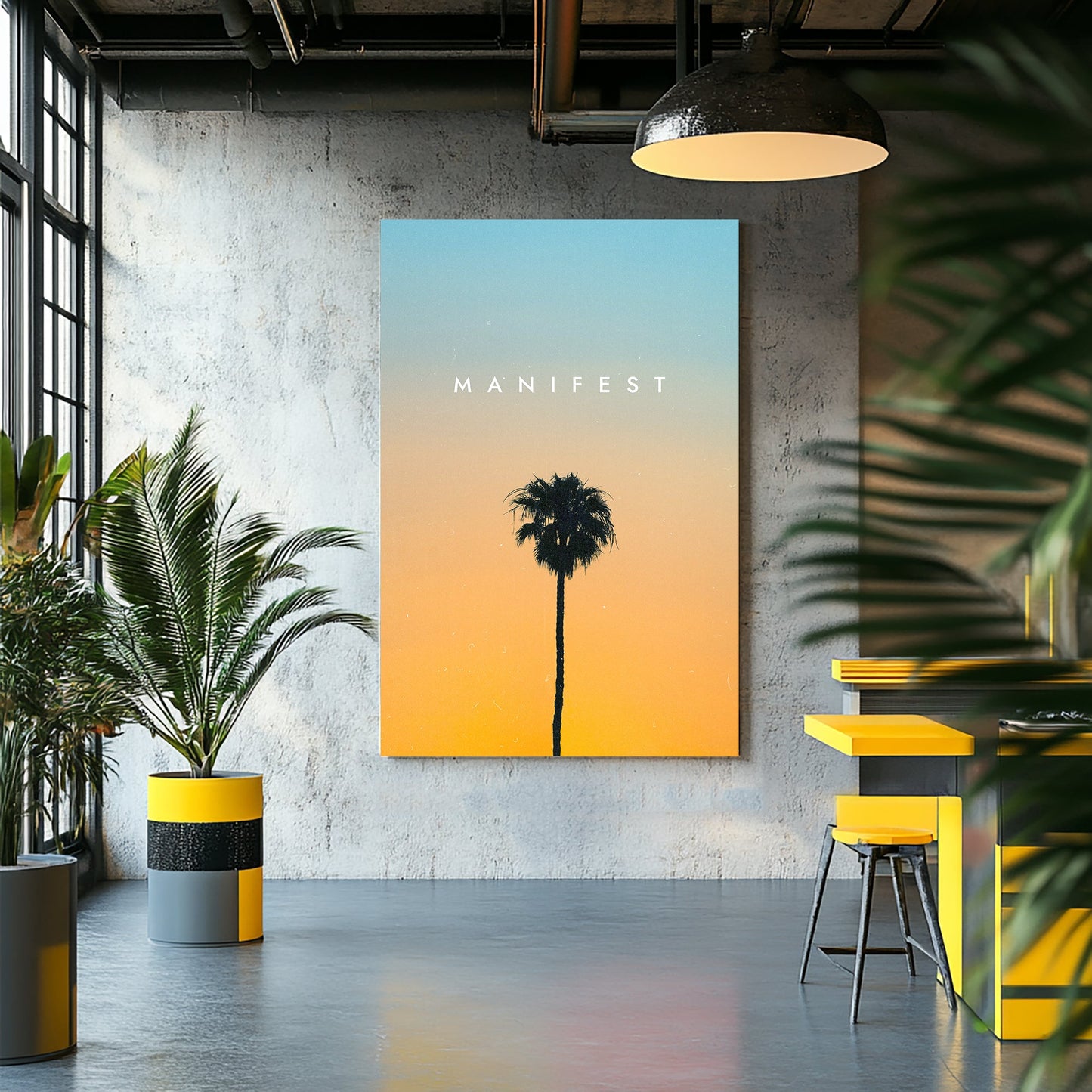 A metal print of a single palm tree silhouetted against a sunset gradient sky of orange and blue, evoking serenity and inspiration.