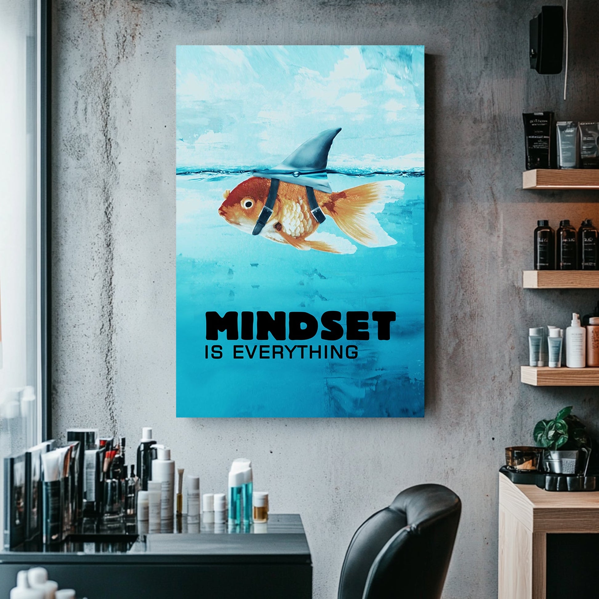 A metal print of a goldfish wearing a shark fin harness, swimming in a blue sea, embodying humour and inspiration.