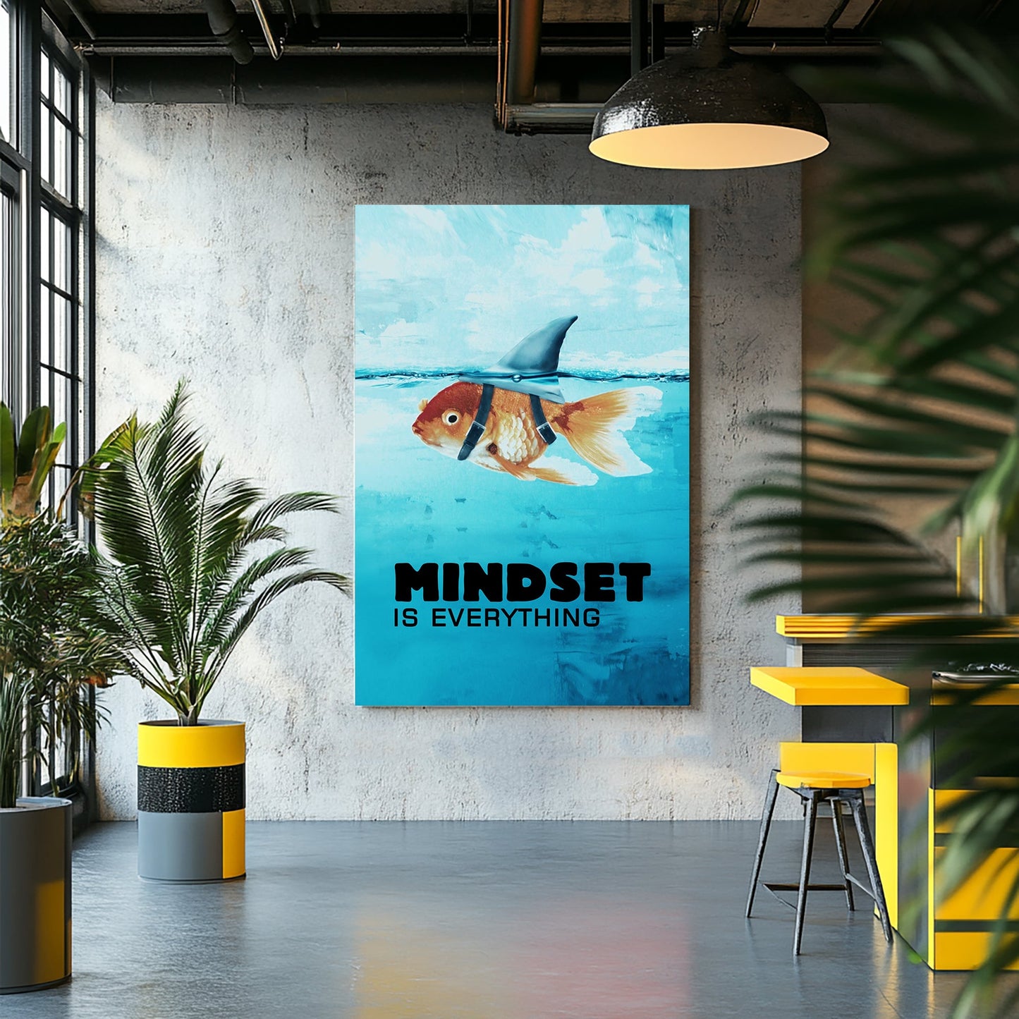 A metal print of a goldfish wearing a shark fin harness, swimming in a blue sea, embodying humour and inspiration.