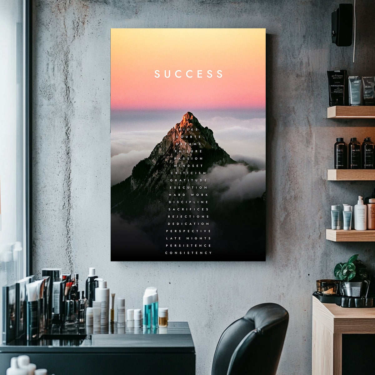 A motivational metal print of a glowing mountain peak at sunrise with the word "SUCCESS" and a vertical list of motivational attributes climbing the mountain.