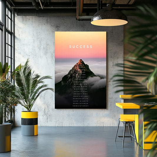 A motivational metal print of a glowing mountain peak at sunrise with the word "SUCCESS" and a vertical list of motivational attributes climbing the mountain.