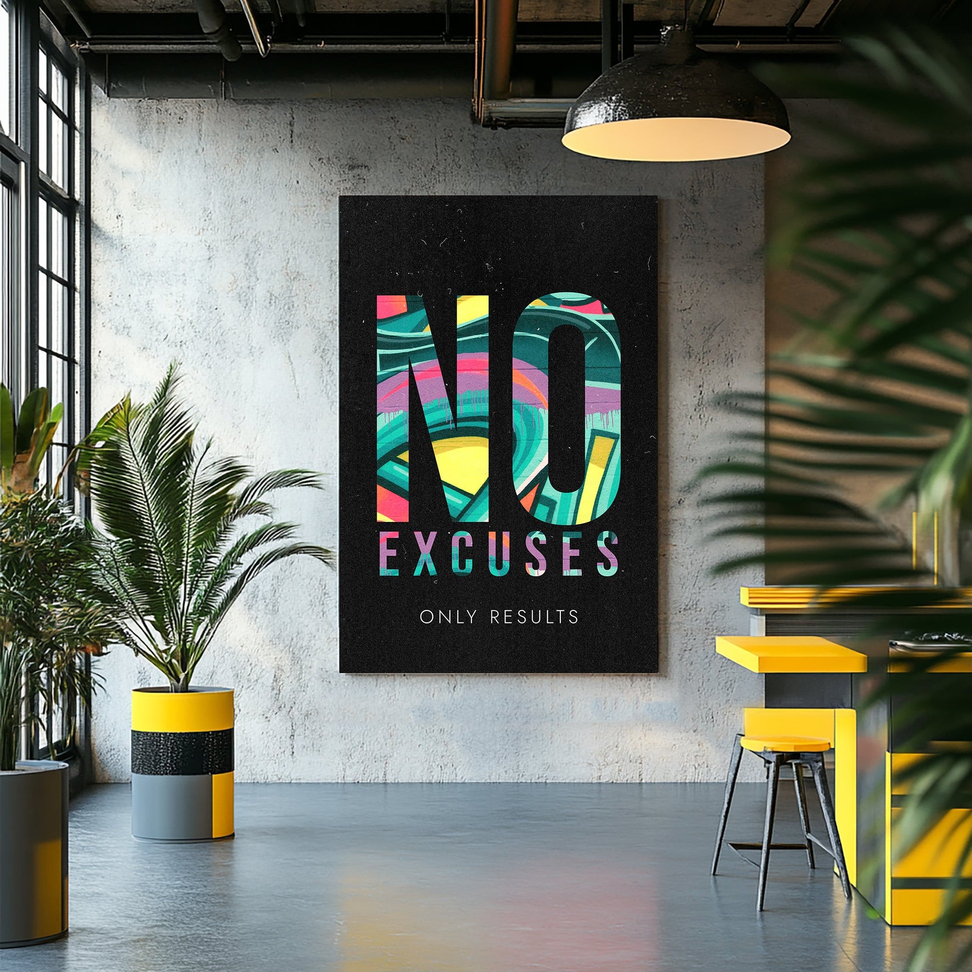 A bold motivational metal print design with graffiti-style art inside the word "NO" and the text "Excuses" and "Only Results" on a black background.