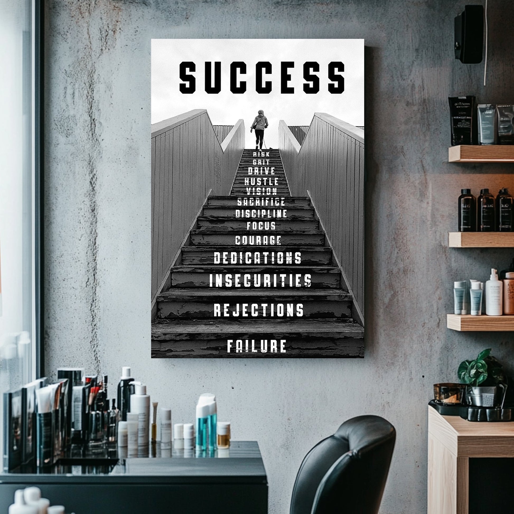 Black-and-white metal wall art print of a person climbing a staircase with motivational words like "risk," "focus," and "dedication" inscribed on the steps, representing the journey to success.