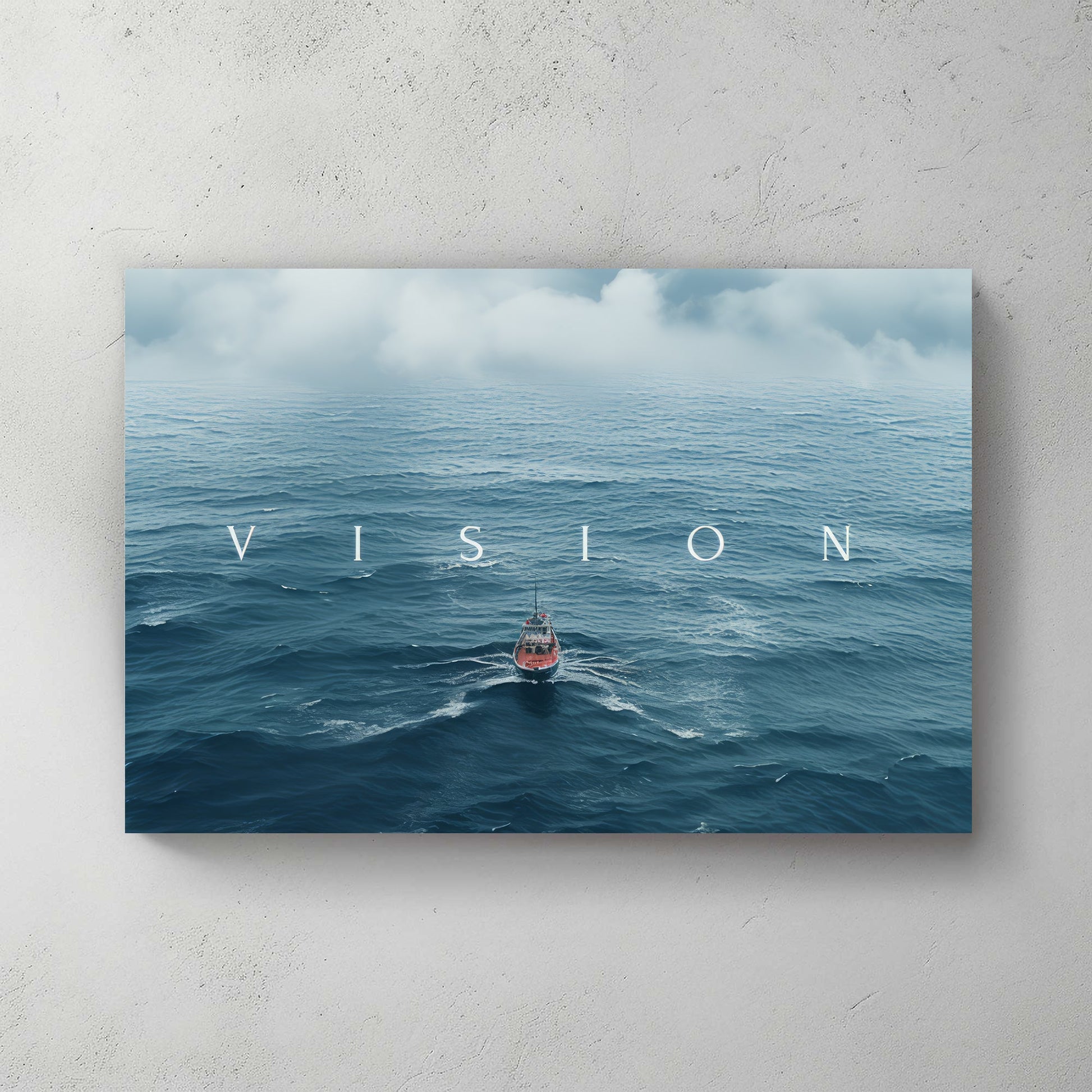 A canvas wall art print of a tranquil seascape with a single boat navigating through endless blue waves under a cloudy sky, conveying ambition and determination.