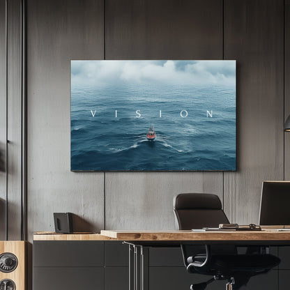 A canvas wall art print of a tranquil seascape with a single boat navigating through endless blue waves under a cloudy sky, conveying ambition and determination.