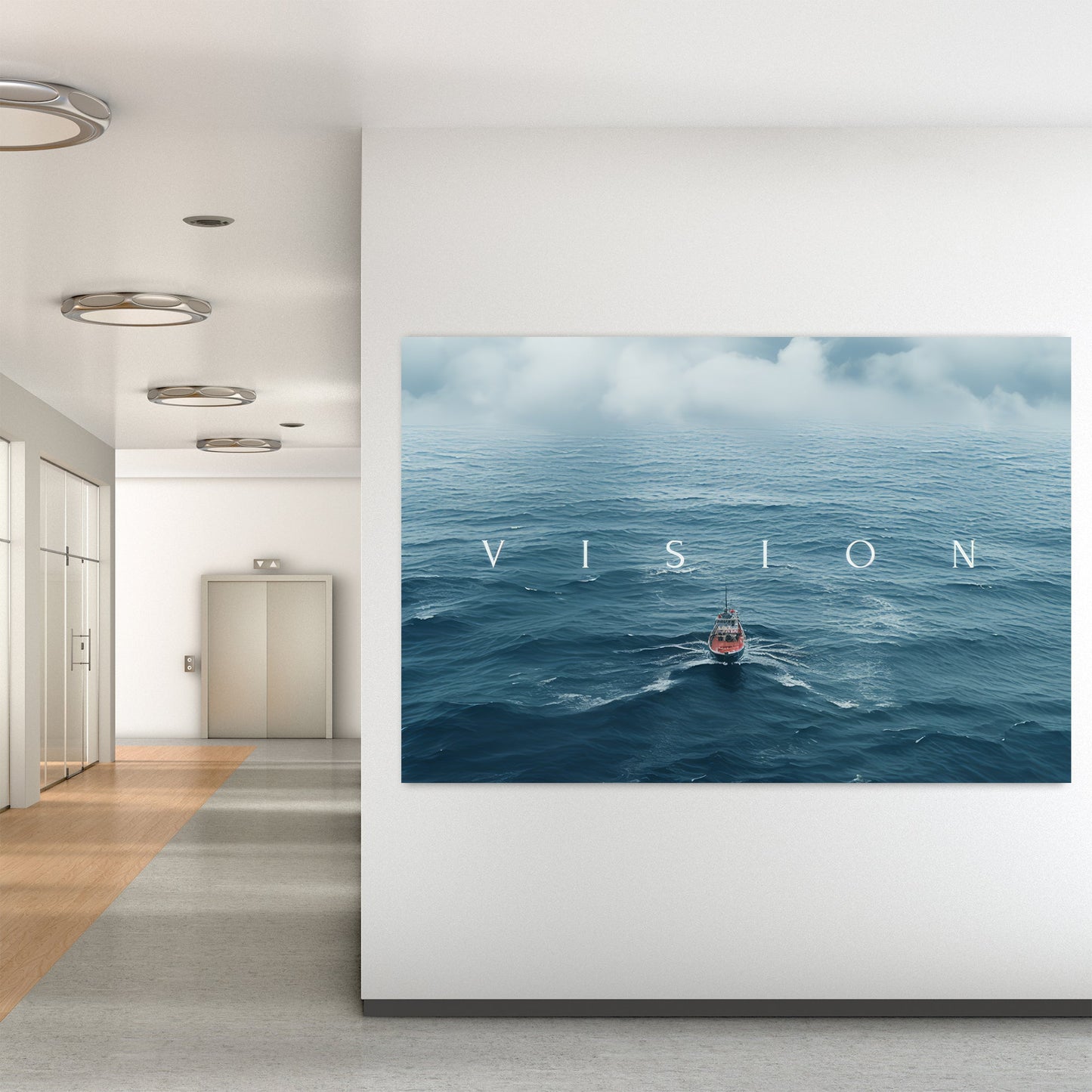 A canvas wall art print of a tranquil seascape with a single boat navigating through endless blue waves under a cloudy sky, conveying ambition and determination.