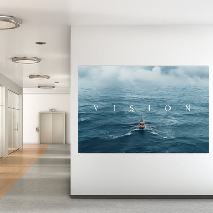 A canvas wall art print of a tranquil seascape with a single boat navigating through endless blue waves under a cloudy sky, conveying ambition and determination.