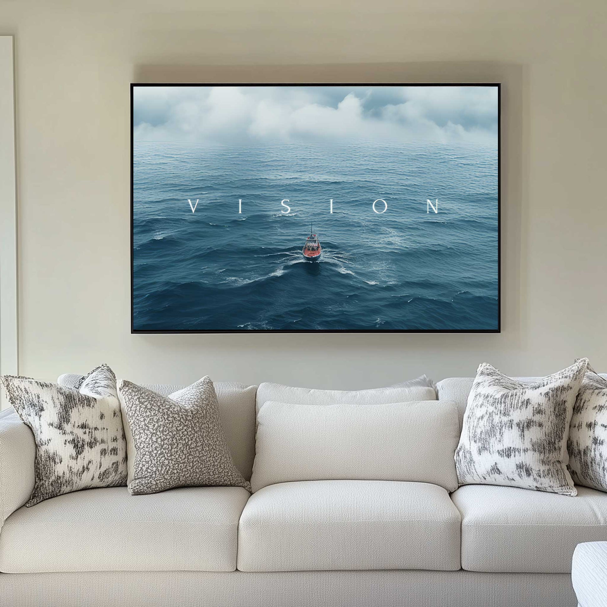 A canvas wall art print of a tranquil seascape with a single boat navigating through endless blue waves under a cloudy sky, conveying ambition and determination.