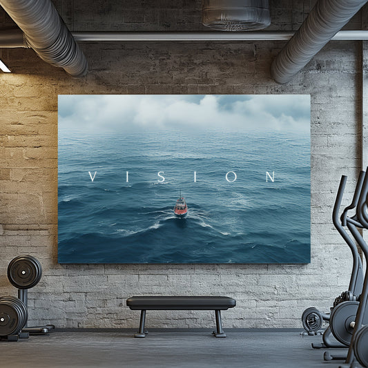 A canvas wall art print of a tranquil seascape with a single boat navigating through endless blue waves under a cloudy sky, conveying ambition and determination.