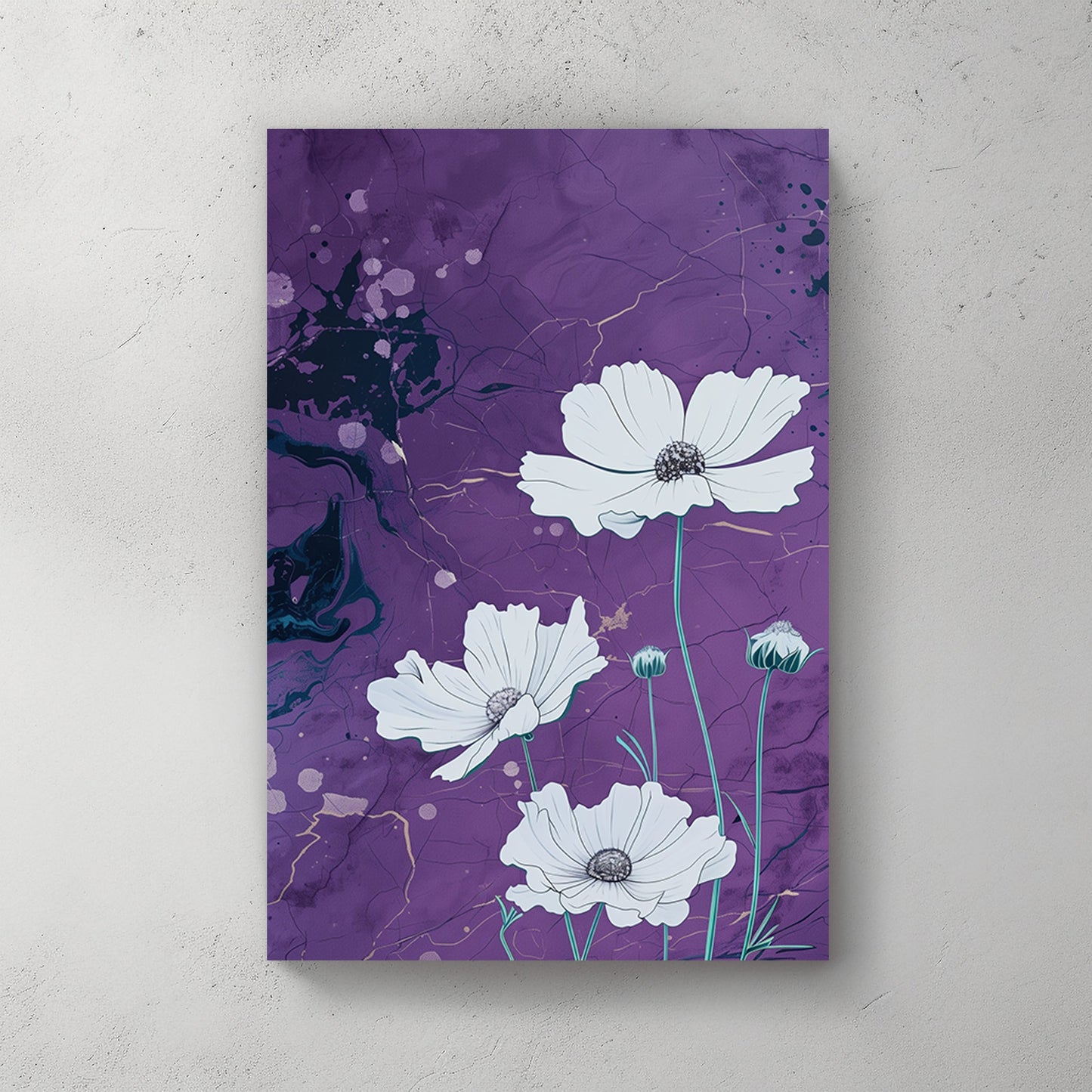 A canvas wall art print of white flowers with intricate petals on a purple marble-textured background accented with gold streaks, blending elegance and natural beauty.