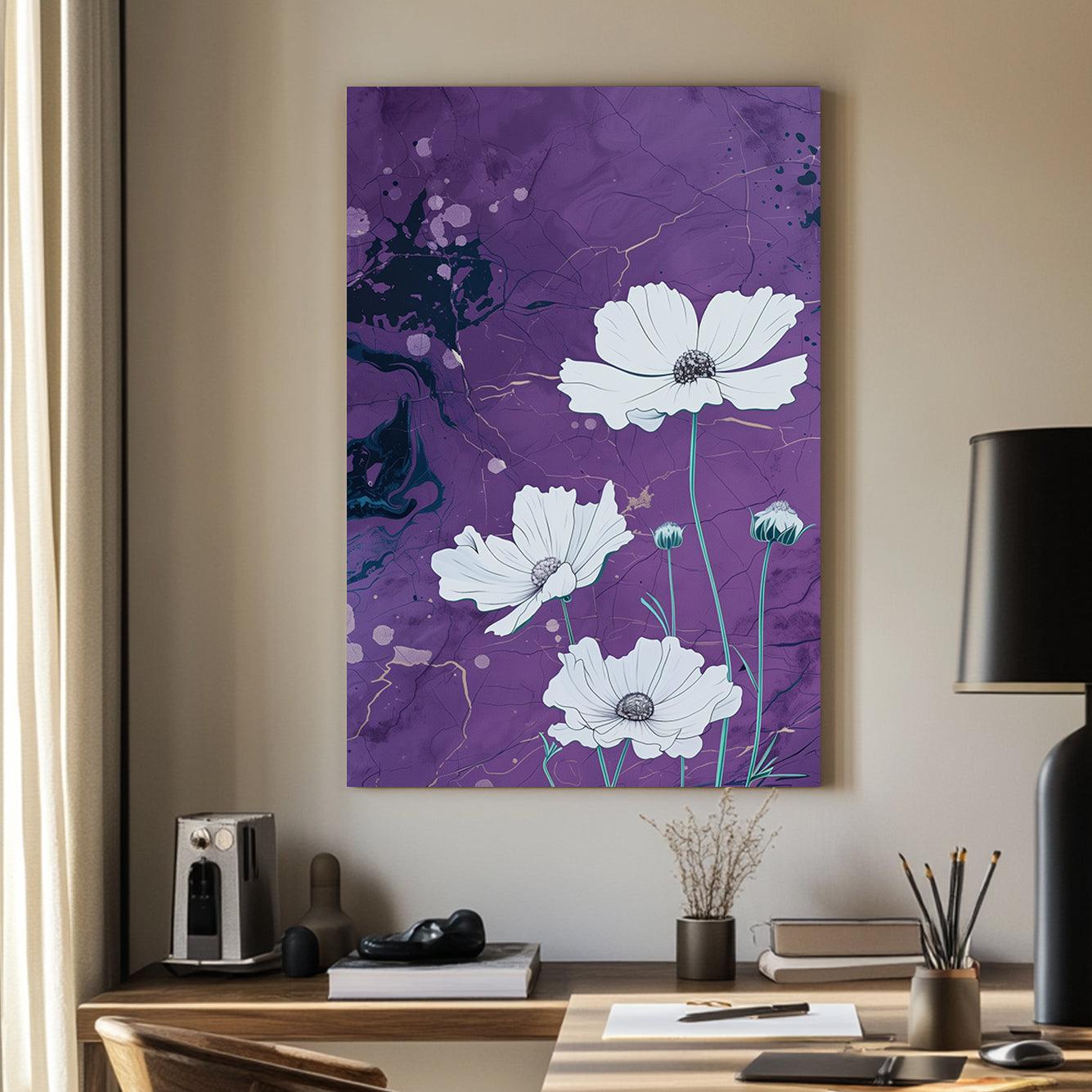 A canvas wall art print of white flowers with intricate petals on a purple marble-textured background accented with gold streaks, blending elegance and natural beauty.