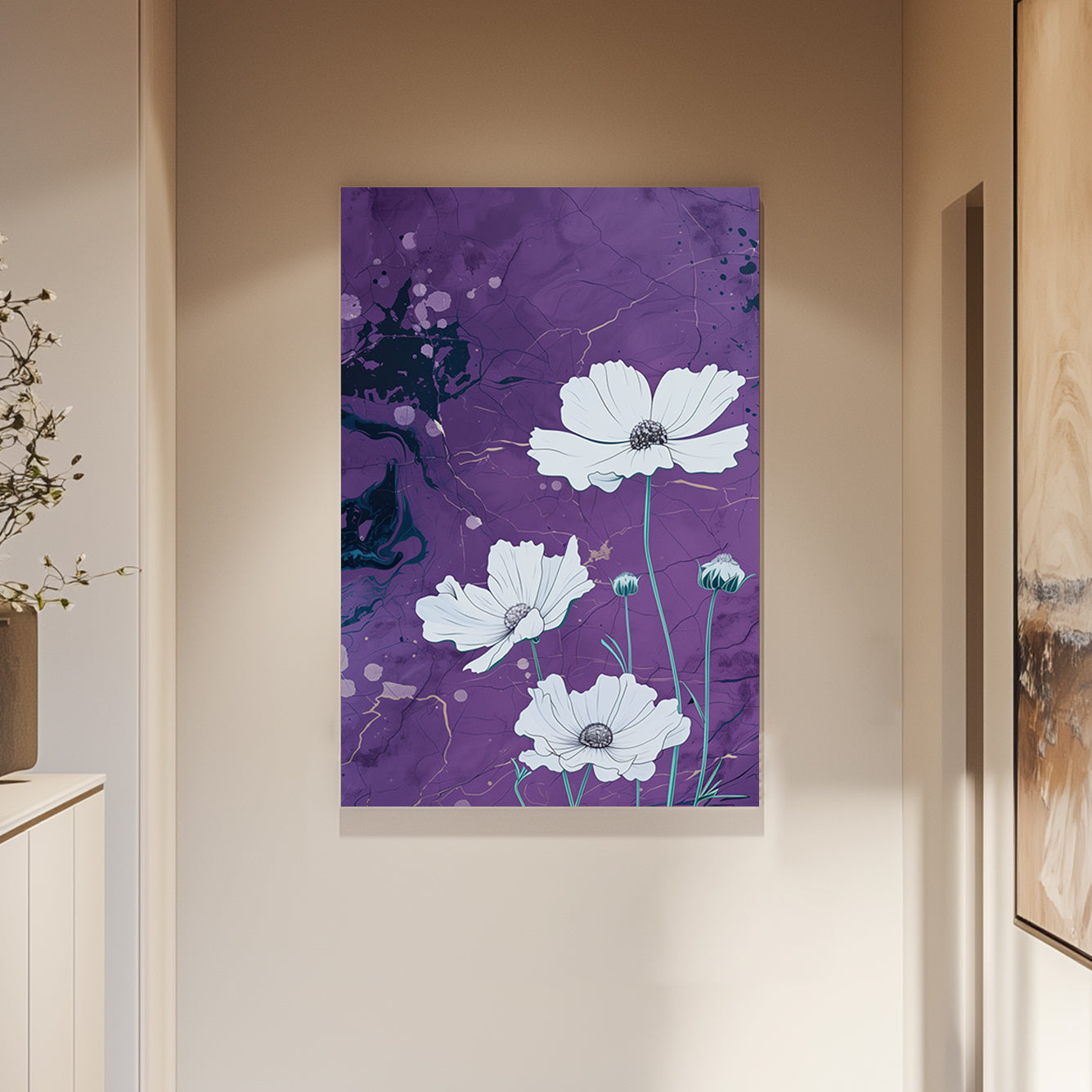 A canvas wall art print of white flowers with intricate petals on a purple marble-textured background accented with gold streaks, blending elegance and natural beauty.