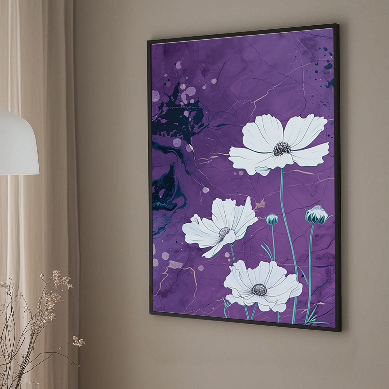 A canvas wall art print of white flowers with intricate petals on a purple marble-textured background accented with gold streaks, blending elegance and natural beauty.