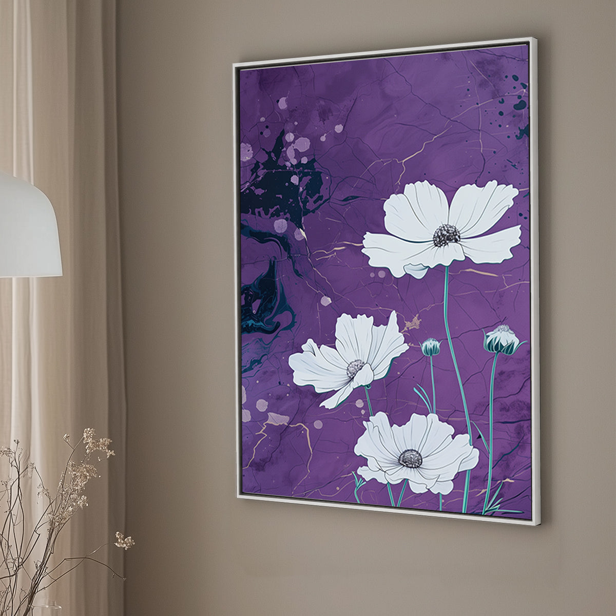 A canvas wall art print of white flowers with intricate petals on a purple marble-textured background accented with gold streaks, blending elegance and natural beauty.