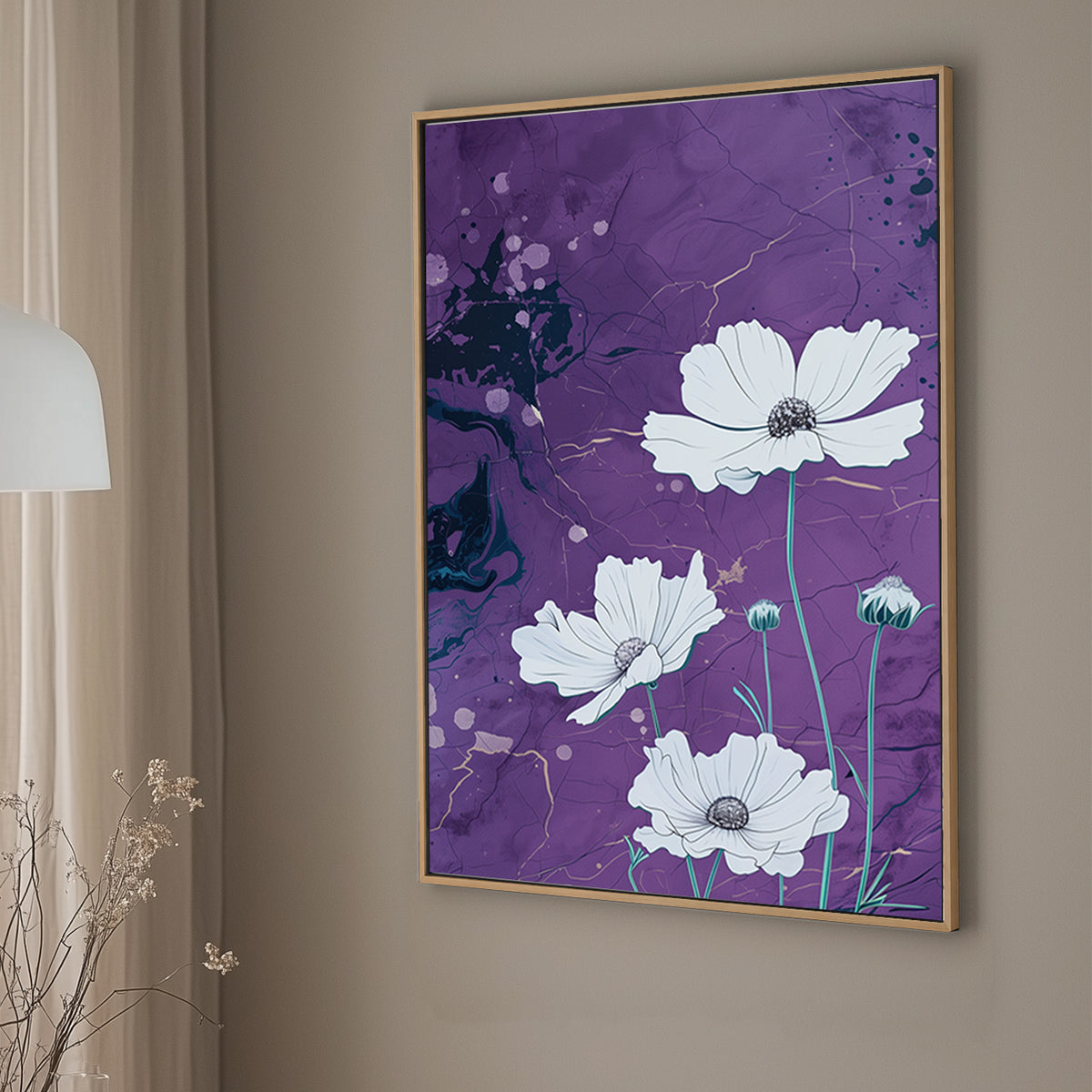 A canvas wall art print of white flowers with intricate petals on a purple marble-textured background accented with gold streaks, blending elegance and natural beauty.