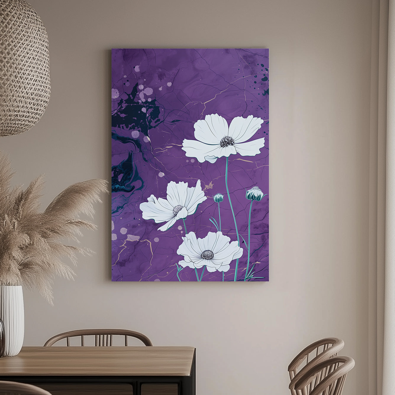 A canvas wall art print of white flowers with intricate petals on a purple marble-textured background accented with gold streaks, blending elegance and natural beauty.