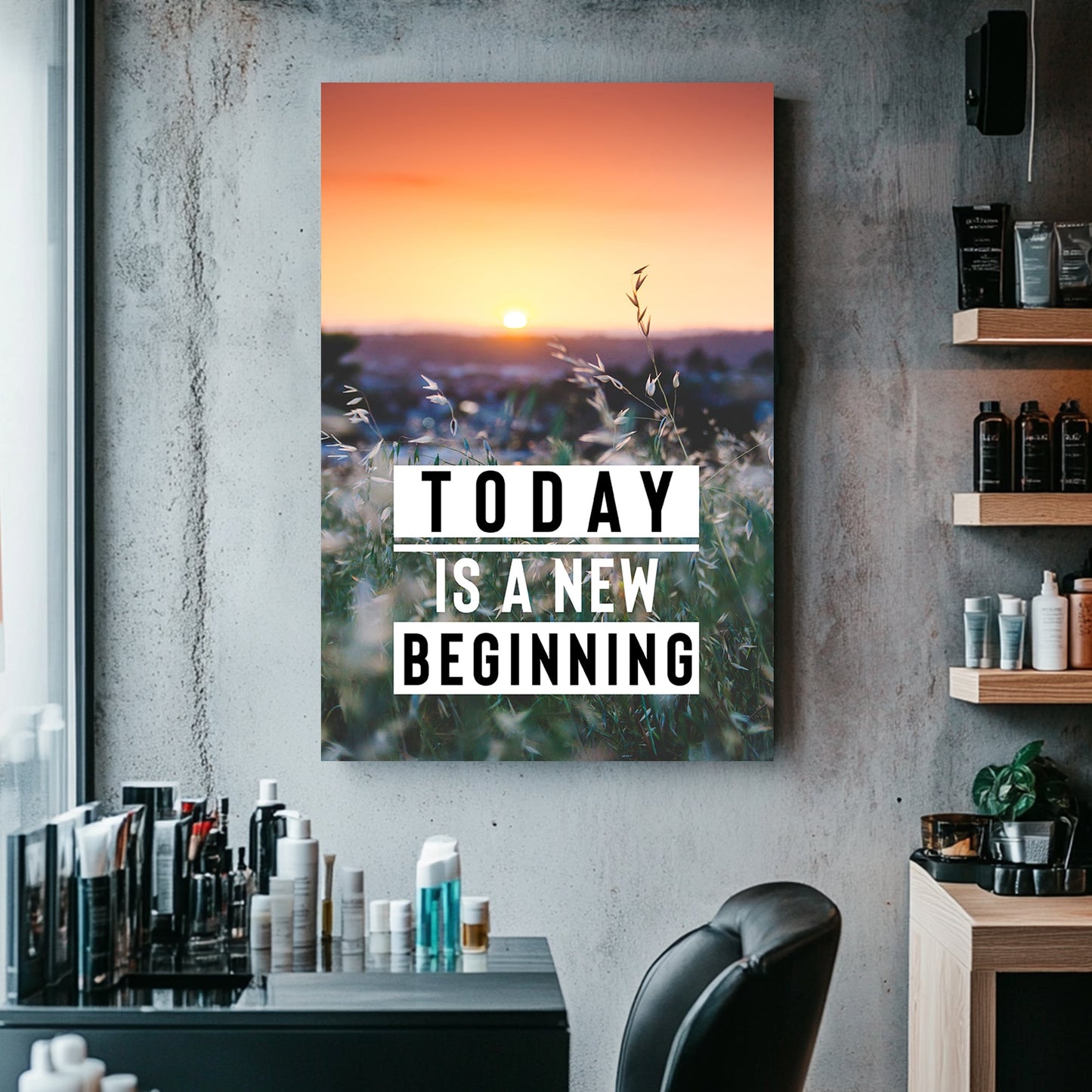 A motivational wall art print of a calming sunrise over a green field, with the words "Today is a New Beginning" overlaid on the scene.