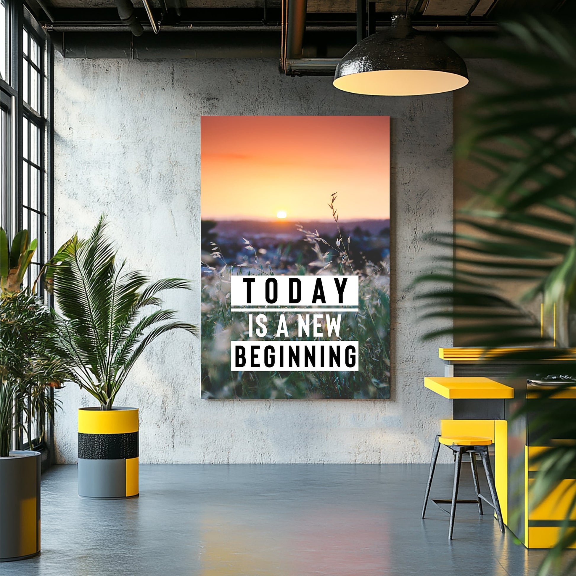 A motivational wall art print of a calming sunrise over a green field, with the words "Today is a New Beginning" overlaid on the scene.