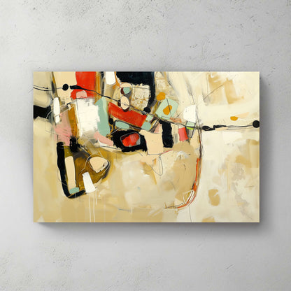 A bold abstract wall art painting with geometric shapes, earthy beige tones, and vibrant red, green, and black accents.