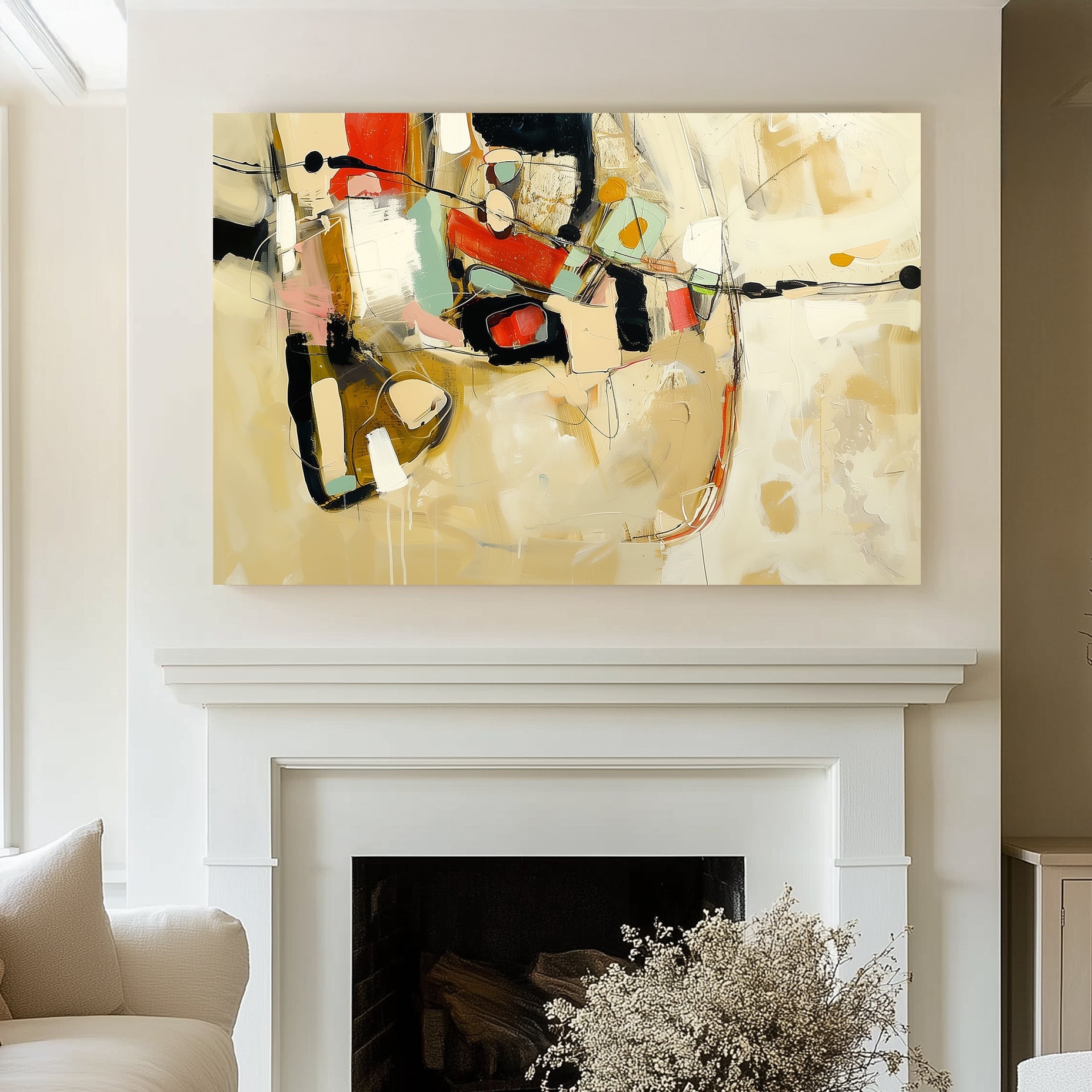 A bold abstract wall art painting with geometric shapes, earthy beige tones, and vibrant red, green, and black accents.