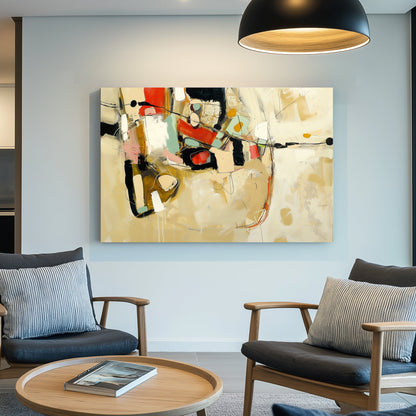 A bold abstract wall art painting with geometric shapes, earthy beige tones, and vibrant red, green, and black accents.