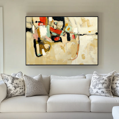 A bold abstract wall art painting with geometric shapes, earthy beige tones, and vibrant red, green, and black accents.