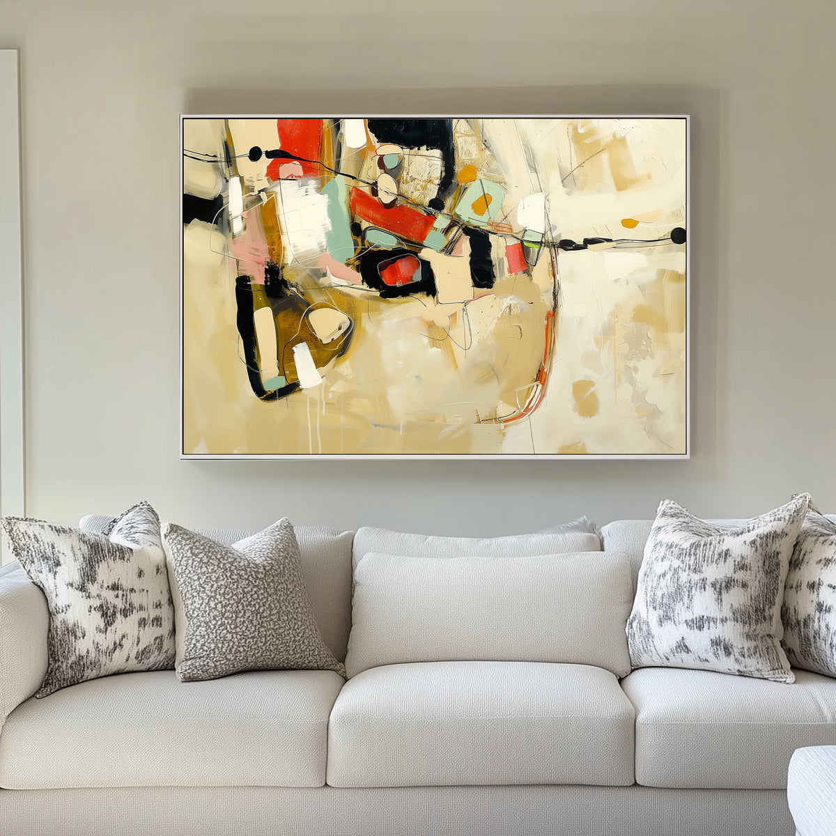 A bold abstract wall art painting with geometric shapes, earthy beige tones, and vibrant red, green, and black accents.
