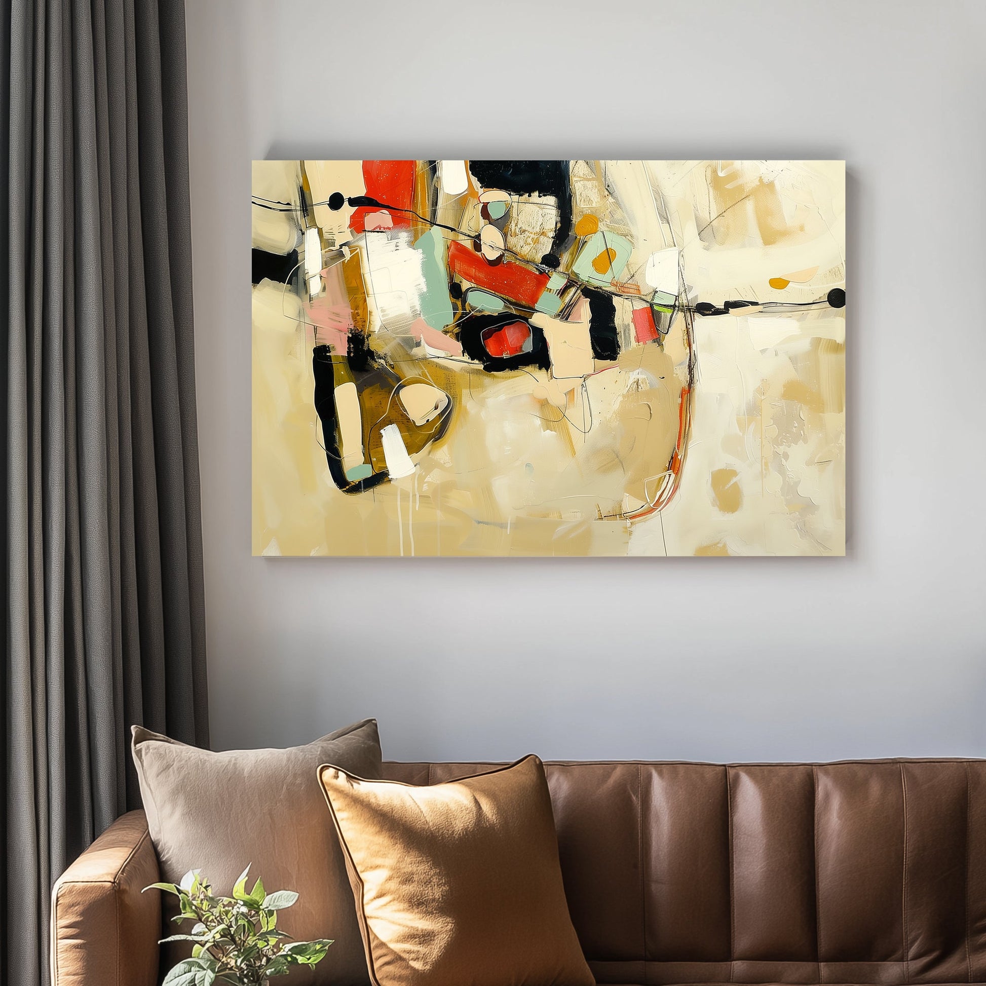 A bold abstract wall art painting with geometric shapes, earthy beige tones, and vibrant red, green, and black accents.