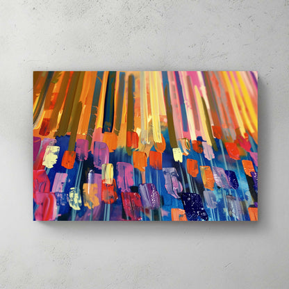 A vibrant abstract wall art painting with bold streaks of orange, yellow, blue, and pink, layered with dynamic textures.