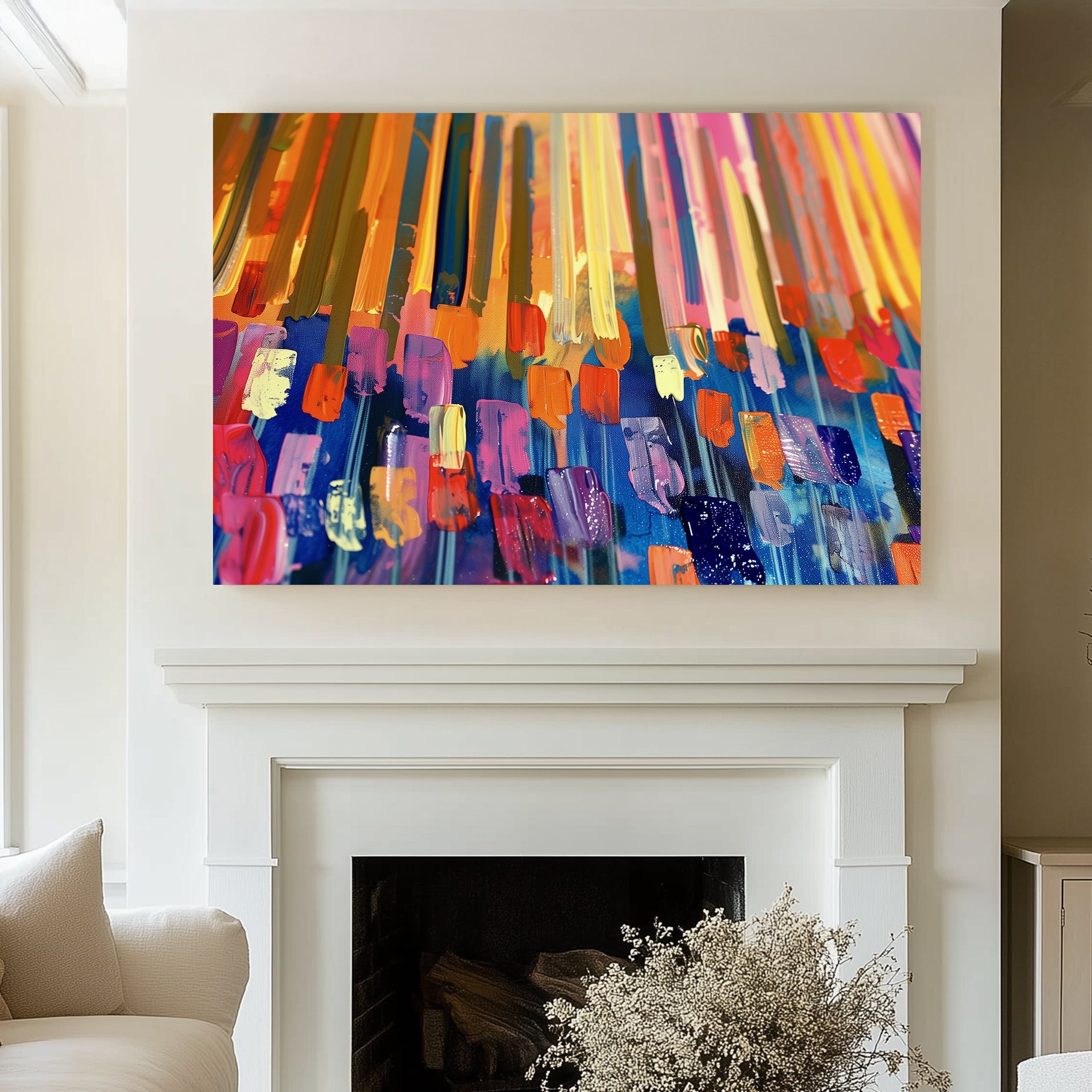 A vibrant abstract wall art painting with bold streaks of orange, yellow, blue, and pink, layered with dynamic textures.